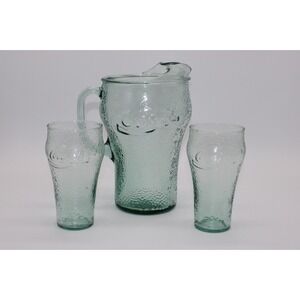 Vintage Coca Cola Pitcher and 2 Glasses Set Pebbled Green Glass Coke